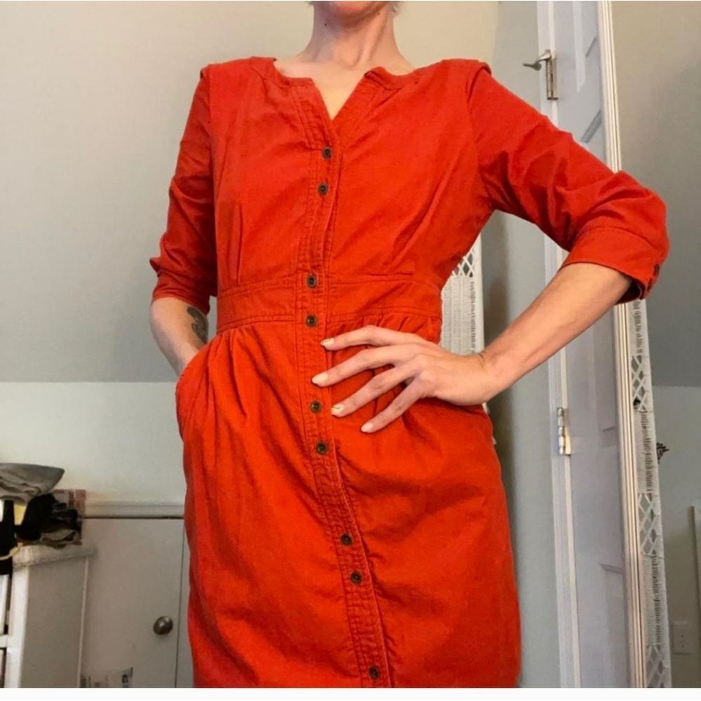 Anthropologie Maeve Red/orange Long Sleeve Corduroy  Button-Down Dress Size 2